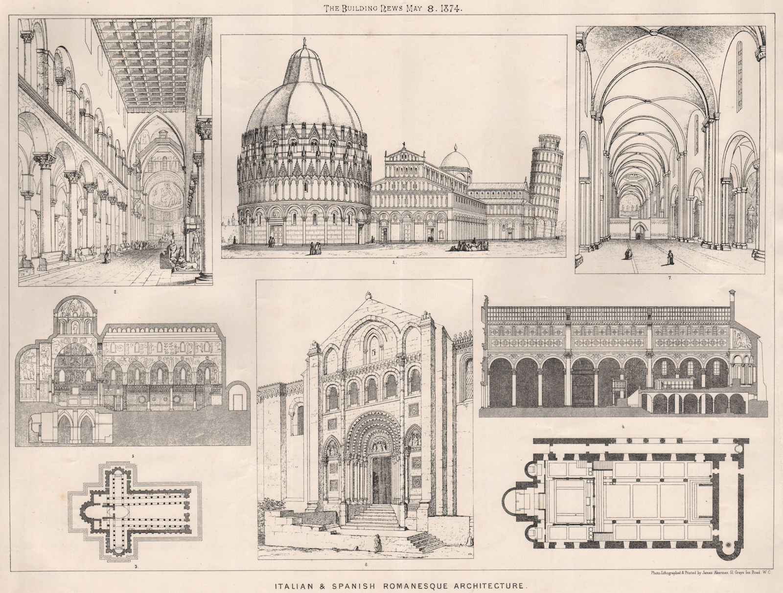 Italian & Spanish Romanesque architecture. Italy 1874 old antique print